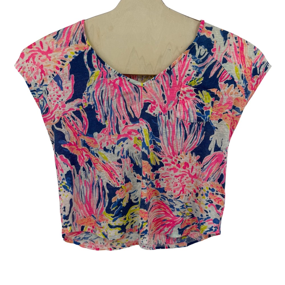 Lilly Pulitzer Women M Pink Blue Coral Reef 100% Linen V-Neck Pocket Tee Top